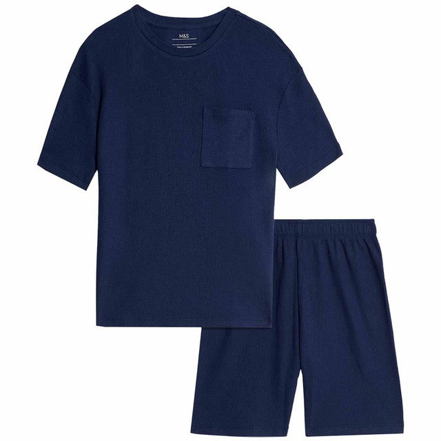 M&S indigo waffle shorts for ages 2-3, imported from the UK