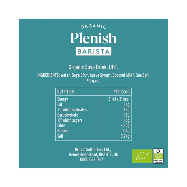 Plenish Organic Soya Barista Milk Long Life 1L, imported from the UK