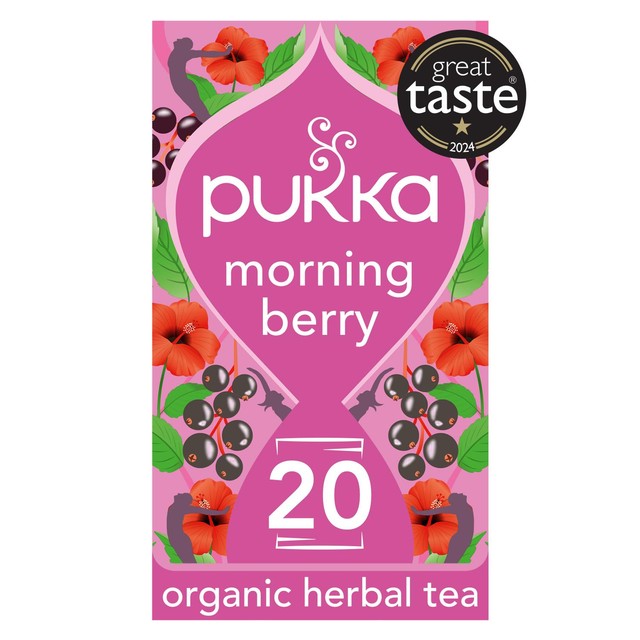 Pukka Herbs Organic Morning Berry tea bags 20-pack, imported from the UK