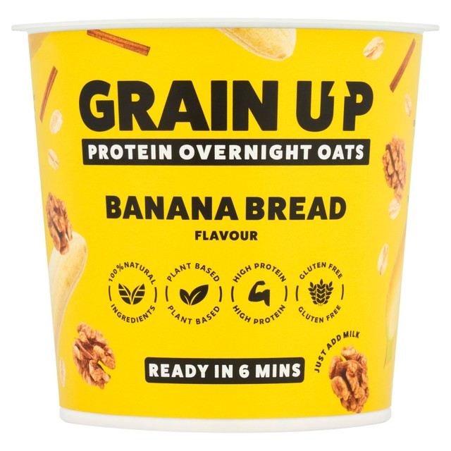 Grain Up protein overnight oats banana bread flavour pot, imported from the UK