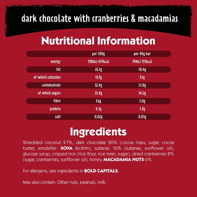 Eat Natural dark chocolate cranberries macadamias snack bar 3x40g - British product