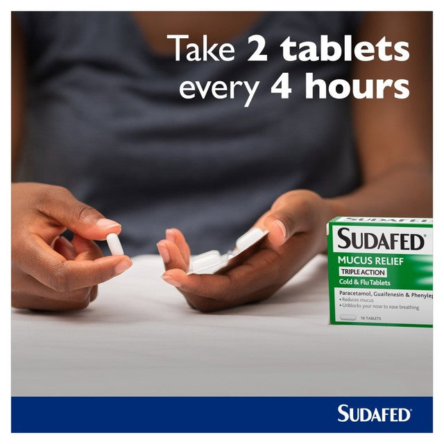 Sudafed Mucus Relief Triple Action Cold & Flu Tablets 16 tablets (British brand)