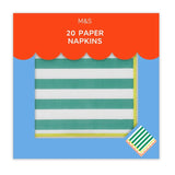 M&S Green and White Striped Paper Napkins 20 pack, imported from the UK