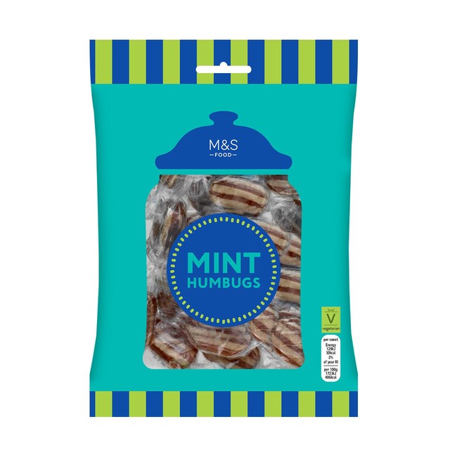 M&S mint humbugs with chewy toffee centre 225g bag, imported from the UK