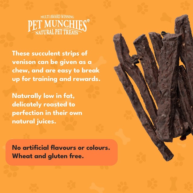Pet Munchies venison strips dog treats 75g, imported from the UK
