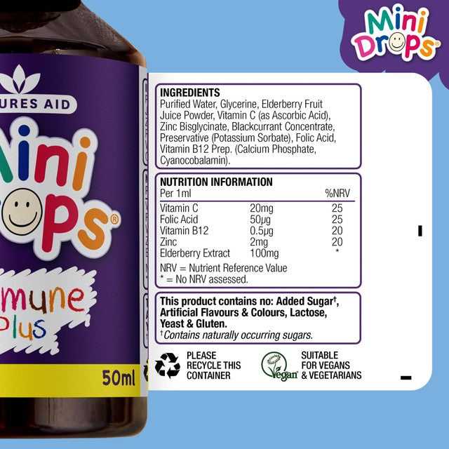 Natures Aid Mini Drops immune supplement blackcurrant flavour, imported from the UK