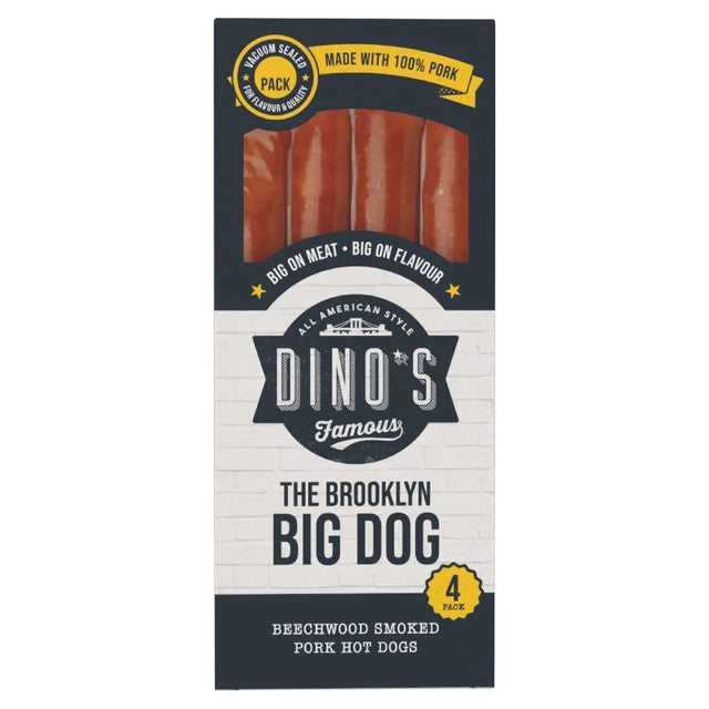 Dino's original big dogs beechwood smoked pork hot dogs 4 pack, UK version