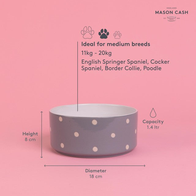 Mason Cash Polka Dot Grey Pet Bowl 18cm, imported from the UK