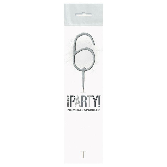 Unique Party silver number 6 sparkler candle 17cm (British brand)