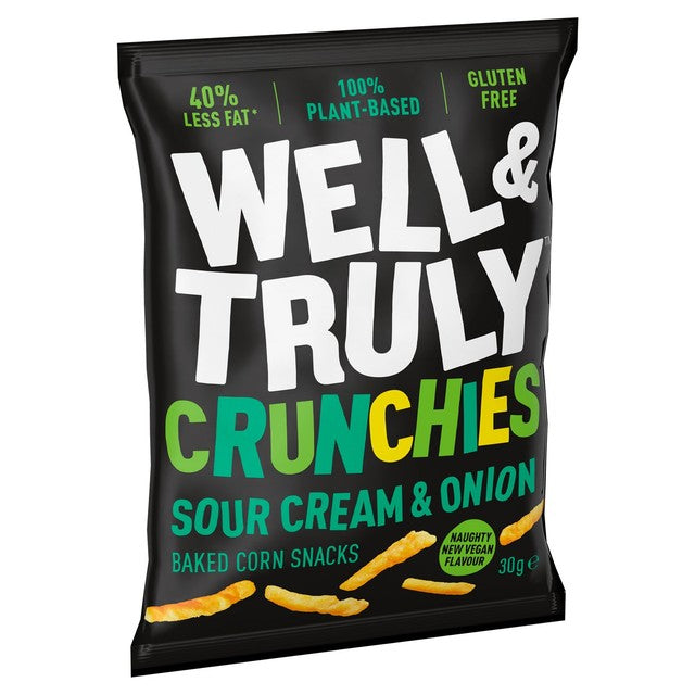 Well & Truly sour cream and onion corn snacks 30g (British brand)