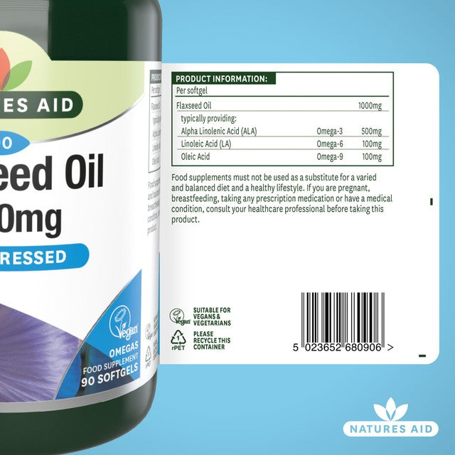 Natures Aid Vegetarian Flaxseed Oil 1000mg capsules, imported from the UK