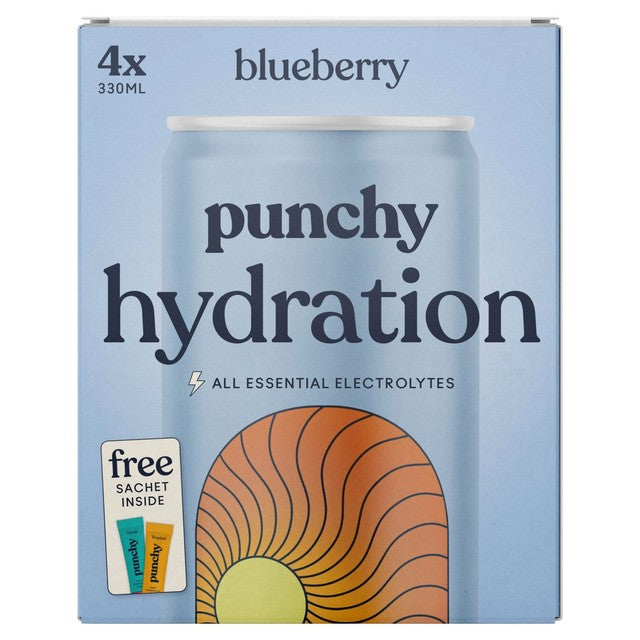 Punchy blueberry hydration sparkling drink 4 x 330ml cans, imported from the UK