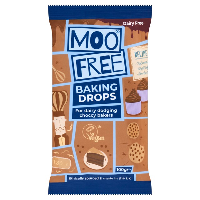 Moo Free milk choccy baking drops 100g, imported from the UK