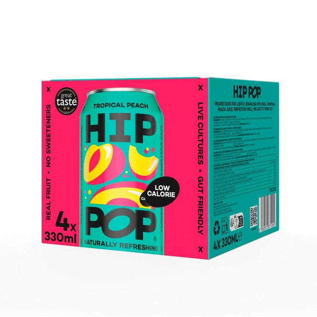 Hip Pop Tropical Peach sparkling fruit drink 4 x 330ml cans, UK version
