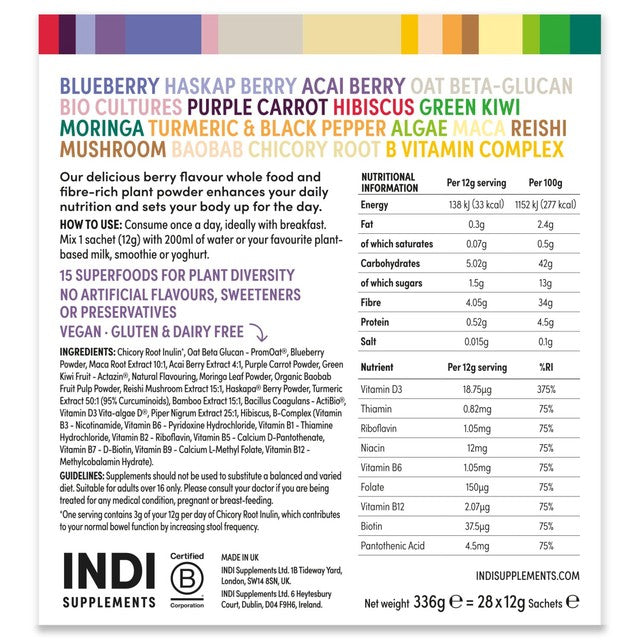 INDI Daily Gut berry fibre powder, UK version