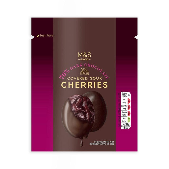 M&S dark chocolate sour cherries 130g, imported from the UK
