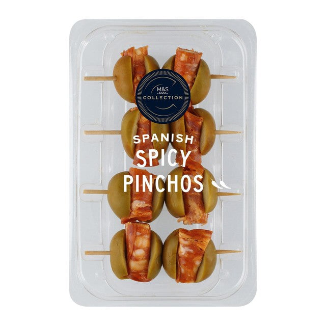 M&S Spanish Spicy Pinchos stuffed olives 124g, imported from the UK