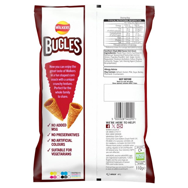 Walkers Bugles Southern Style BBQ corn snacks 110g (British brand)