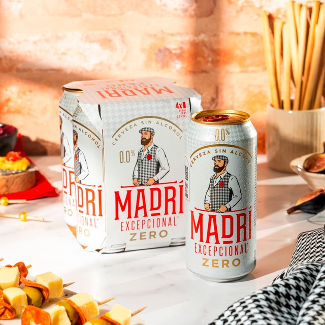 Madri Excepcional 0% lager can, imported from the UK