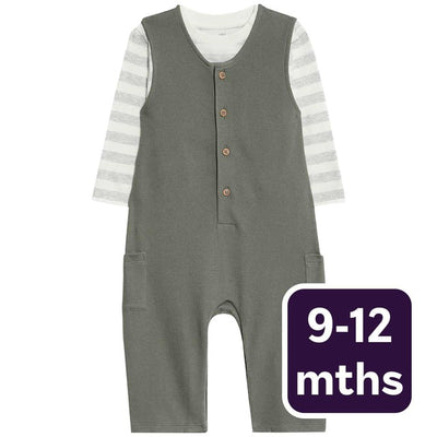 M&S Waffel Jersey Latzhose Khaki Baby Outfit Set 9-12 Monate