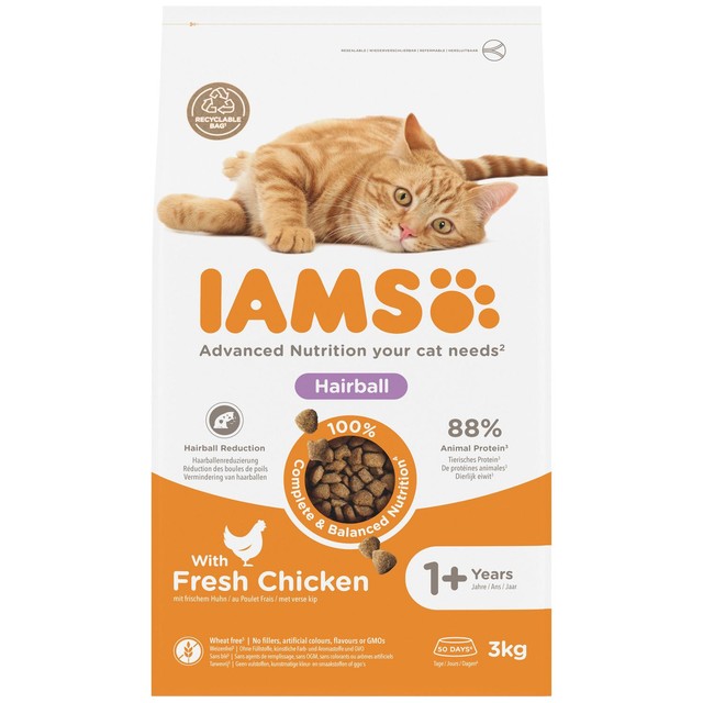 IAMS hairball dry cat food with chicken 3kg, UK version