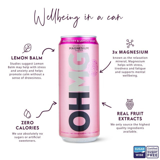 OHMG Raspberry Sparkling Magnesium Water 4 x 330ml, imported from the UK