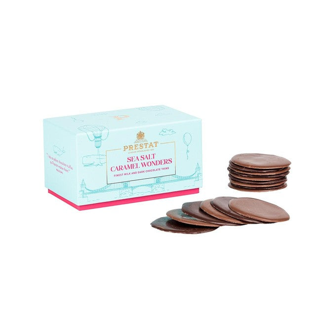 Prestat Caramel Sea Salt Chocolate Thins 200g, imported from the UK