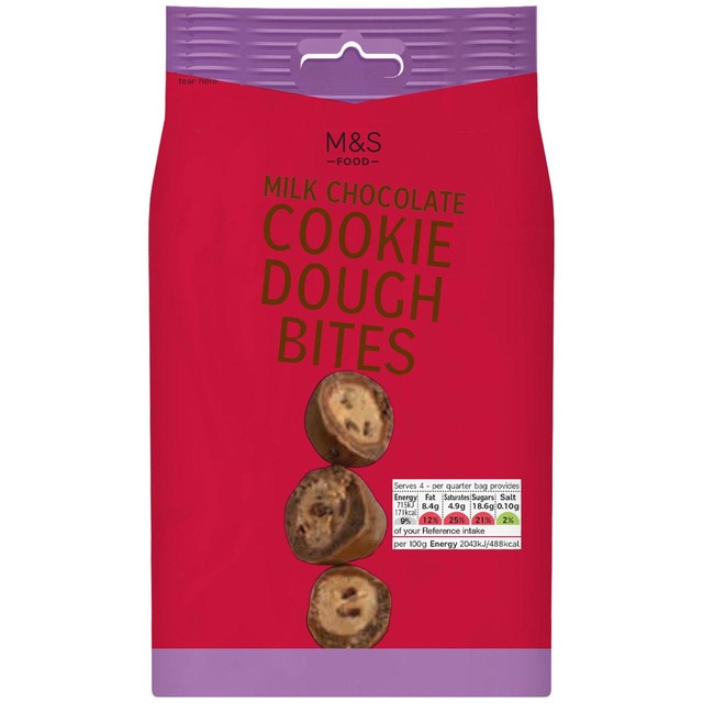 M&S milk chocolate cookie dough bites 140g, imported from the UK