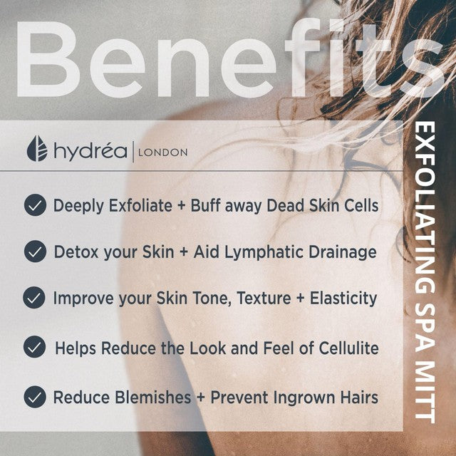 Hydrea London black exfoliating spa mitt with medium/hard texture, UK version