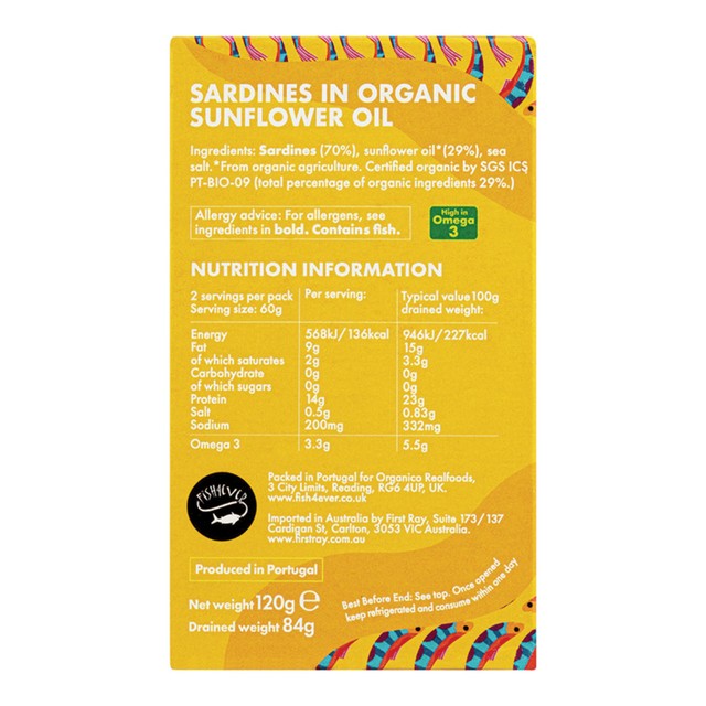 Fish 4 Ever Whole Sardines in Organic Sunflower Oil 120g - British product
