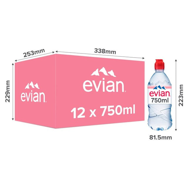 Evian Still Natural Mineral Water multipack with sports cap, 12 x 750ml - British product