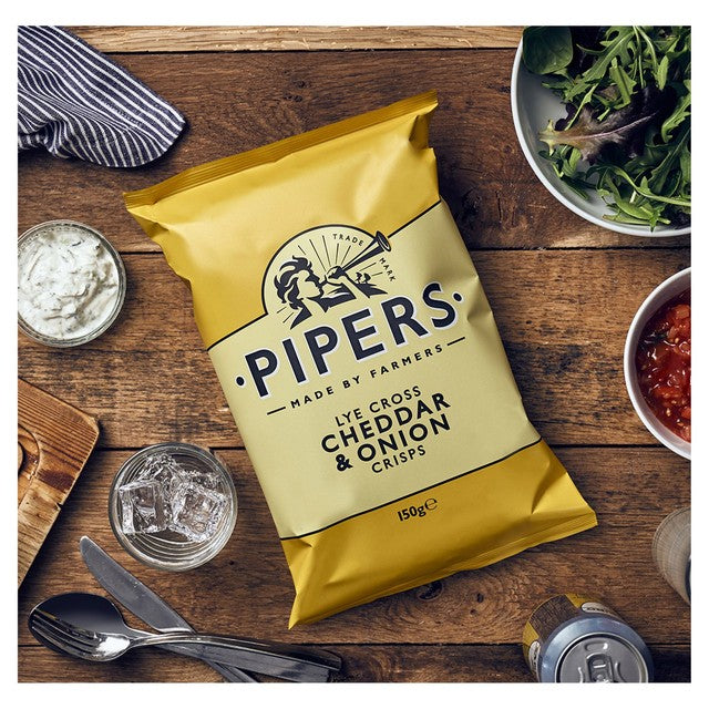 Pipers Cheddar & Onion crisps 150g, imported from the UK