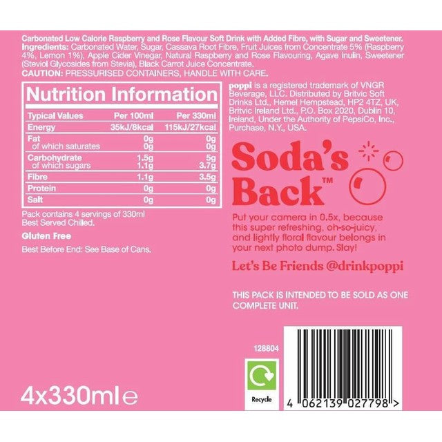 Poppi Raspberry Rose soda cans 330ml (British brand)