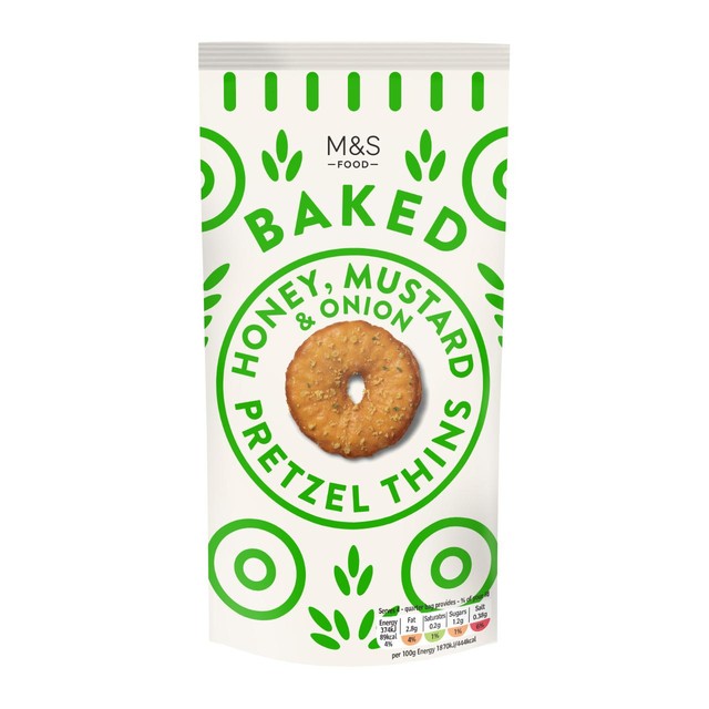 M&S honey mustard onion pretzel thins 80g, imported from the UK