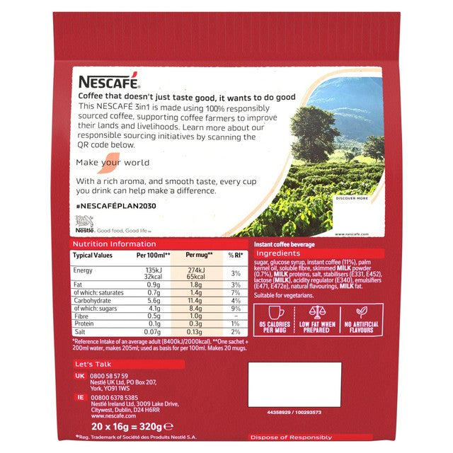 Nescafe Original 3in1 instant coffee sachets 20pk, imported from the UK
