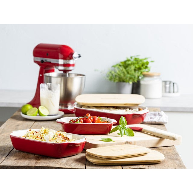 KitchenAid Empire Red stoneware rectangular casserole dish with bamboo lid 32cm, UK version
