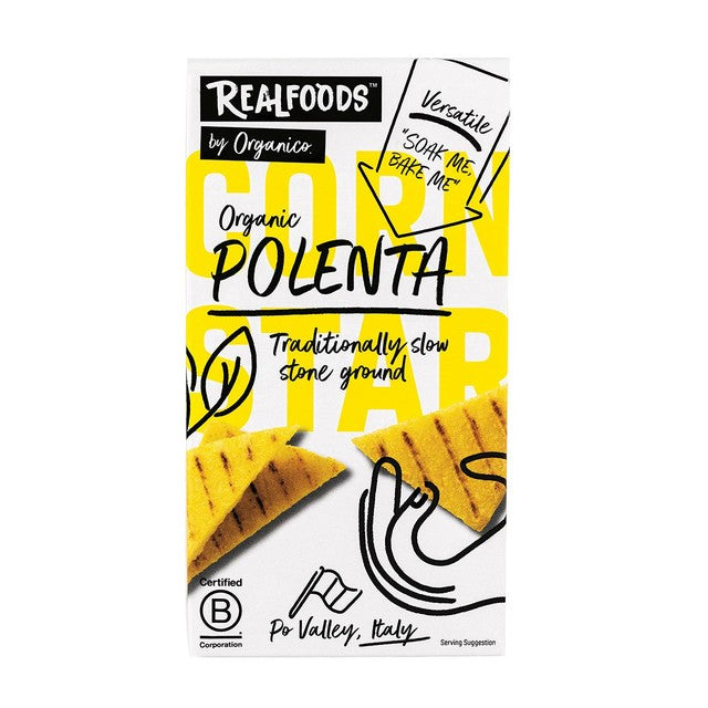 Realfoods organic polenta gluten-free maize meal 500g, imported from the UK