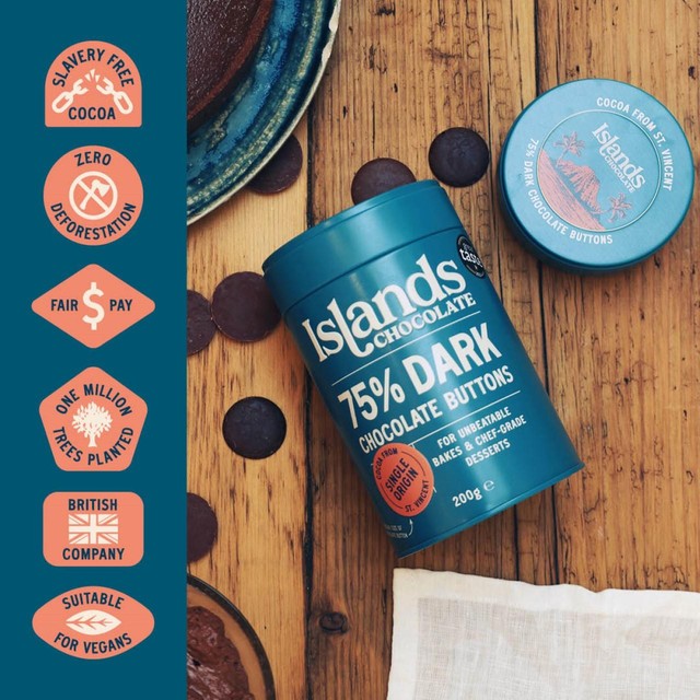 Islands 75% dark chocolate buttons 200g, UK version