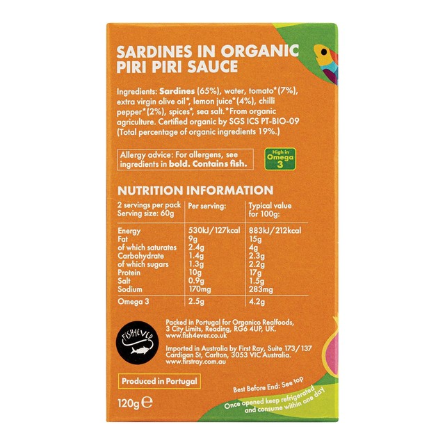 Fish4ever sardines in organic piri piri sauce, imported from the UK