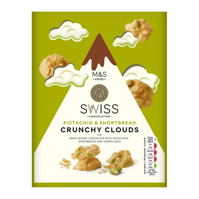 M&S Swiss Clouds pistachio shortbread white chocolate 140g, imported from the UK