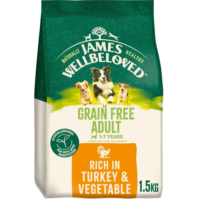 James Wellbeloved grain free adult dry dog food turkey veg 1.5kg, UK version