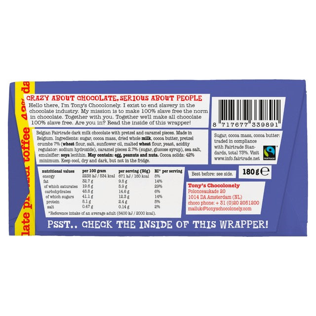 Tony's Chocolonely dark milk chocolate pretzel toffee bar 180g (British brand)