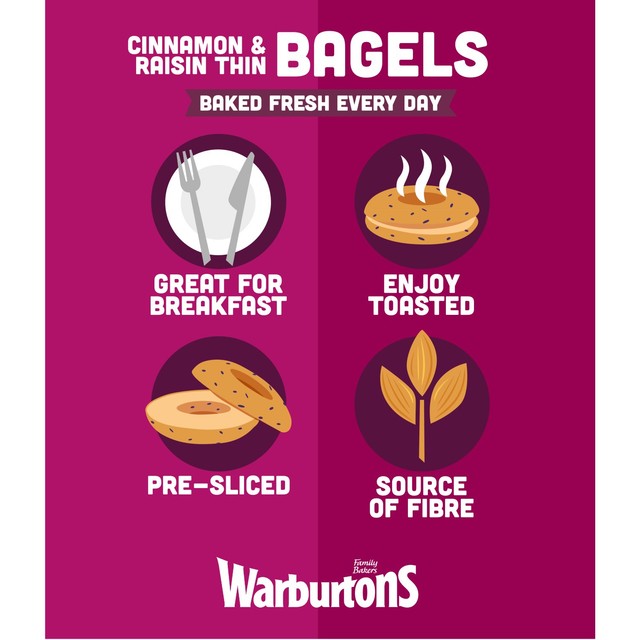 Warburtons cinnamon & raisin thin bagels 6 pack (British brand)