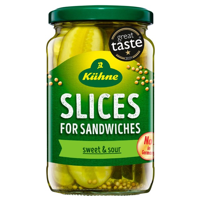 Kuhne sweet and sour gherkin sandwich slices 330g, UK version