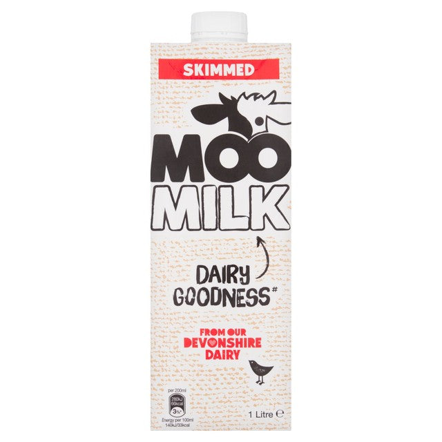 Moo skimmed long life milk 1L, imported from the UK