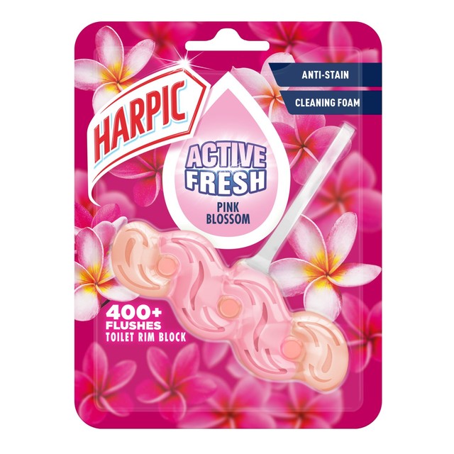 Harpic Active Fresh Pink Blossom toilet rim block, UK version