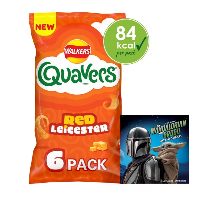 Quavers Red Leicester Cheese Flavour crisps 6 pack, imported from the UK