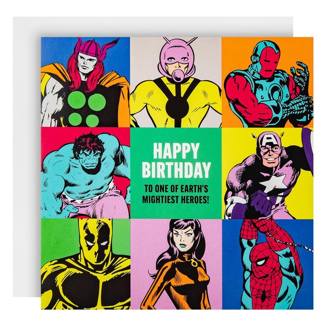 M&S Marvel Avengers birthday card with pop art design and envelope, UK version