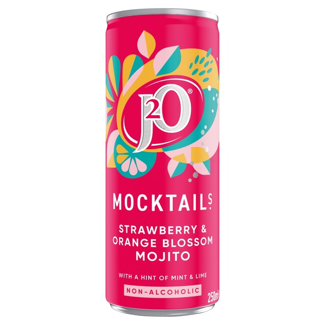 J2O Strawberry & Orange Blossom Mojito Mocktail soft drink 250ml, UK version