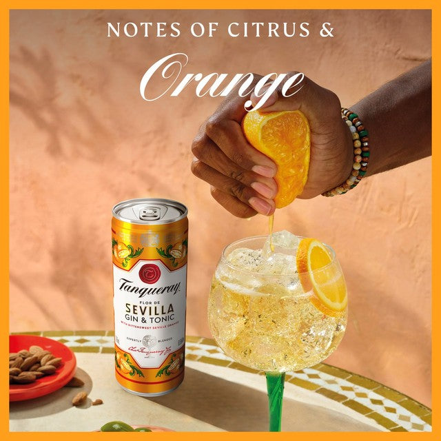 Tanqueray Flor de Sevilla gin and tonic ready-to-drink can 250ml (British brand)